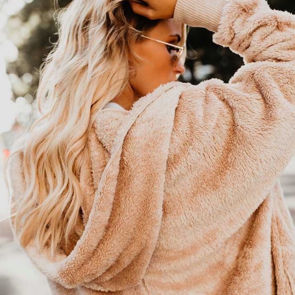 Tan Soft Cozy Pocket Hood Sherpa Lightweight Fleece Teddy Jacket Coat cardigan - Picture 2 of 7